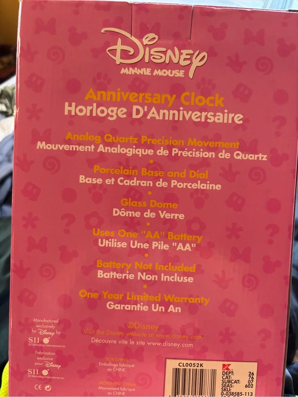 Disney Minnie Mouse Pink and Gold Dome Anniversary Clock